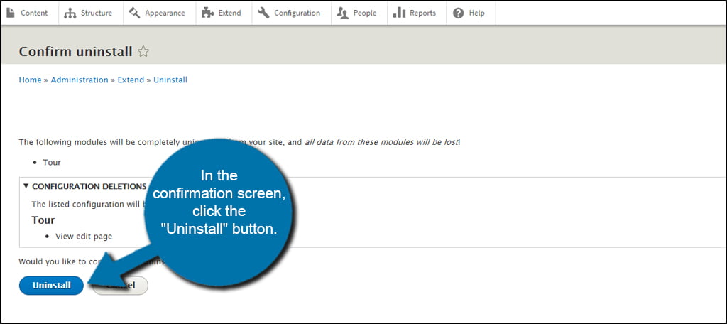 Drupal Extend Confirm Uninstall