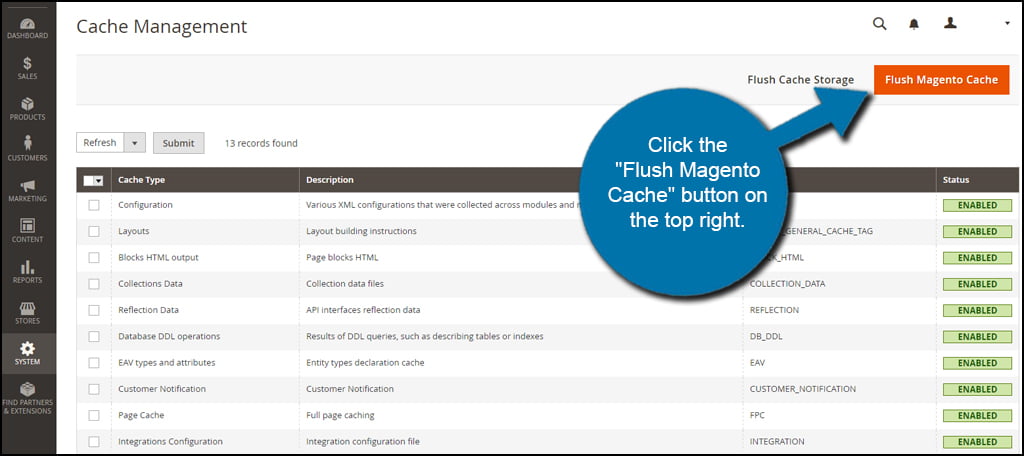 Flush Magento Cache Button