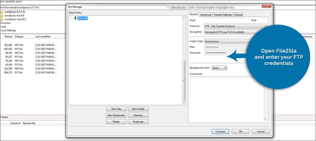 Open Filezilla and enter FTP Credentials