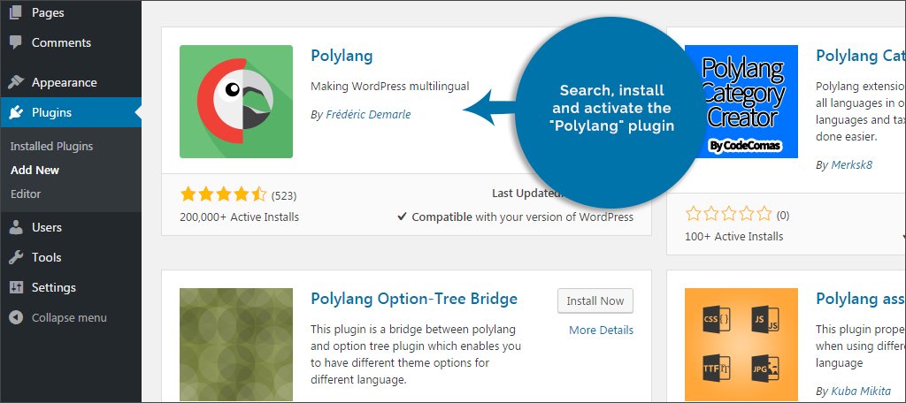 Search an Install Polylang Plugin