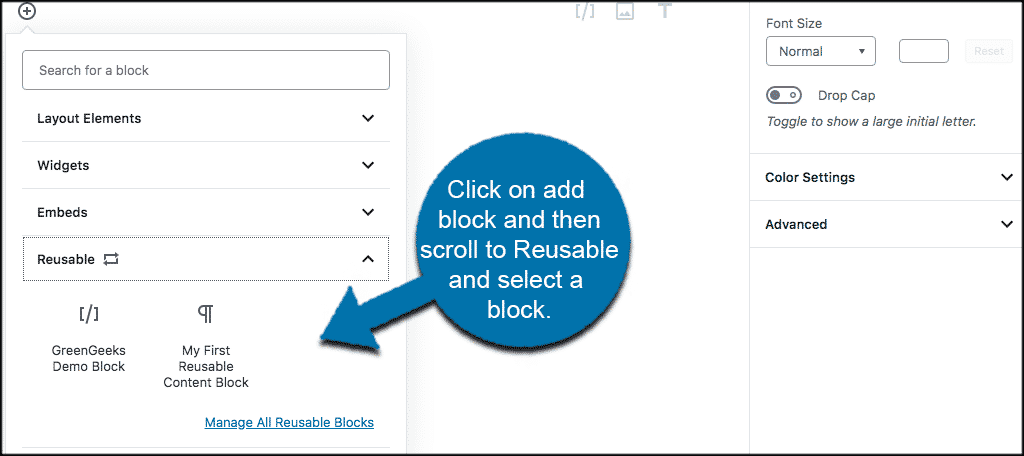 Add a reusable block to your post or page