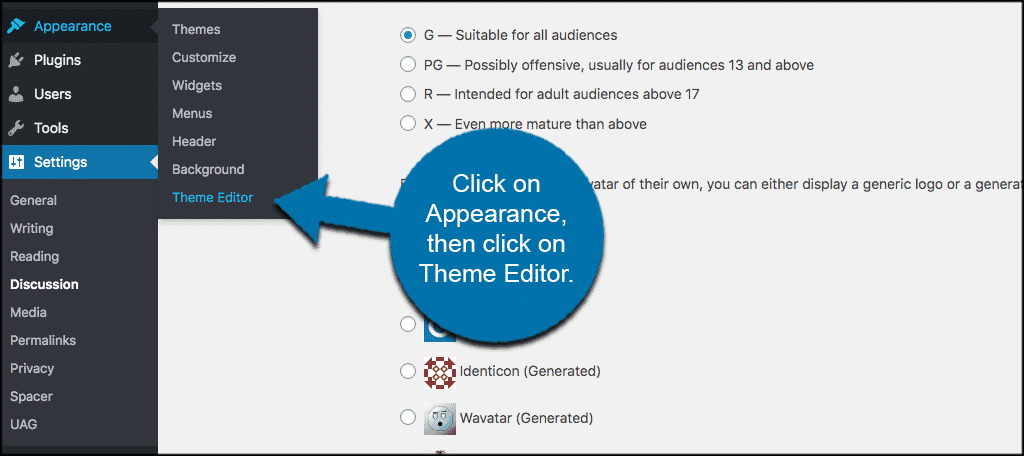 Click on appearance then theme editor