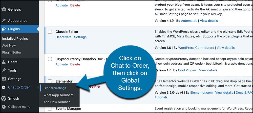 Click on Chat to Order and then on Global Settings