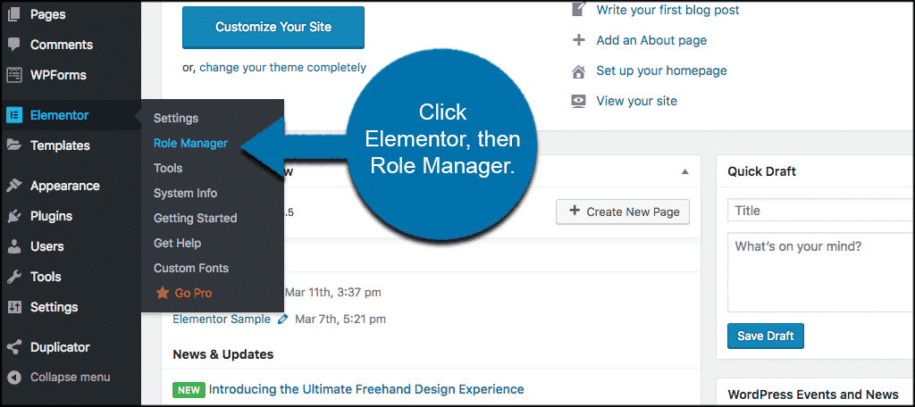 Click elementor then role manager to access user roles in elementor