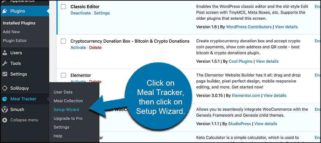 Click meal tracker then setup wizard