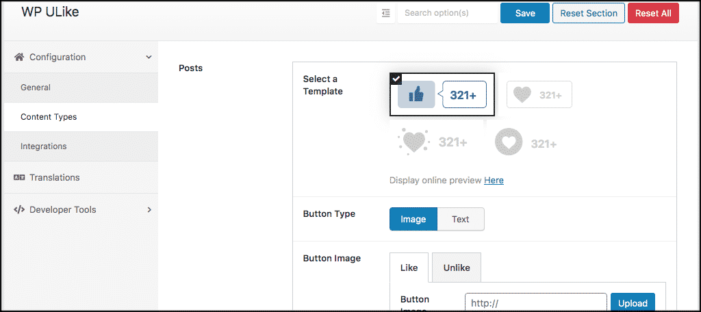 Like button content types tab