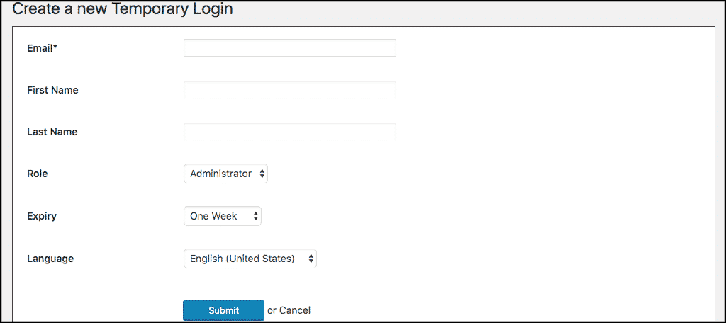 Create a wordpress temporary login