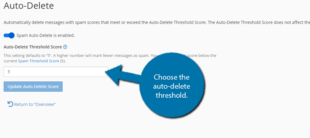 Select the auto-delet threshold to select which spam email gets deleted