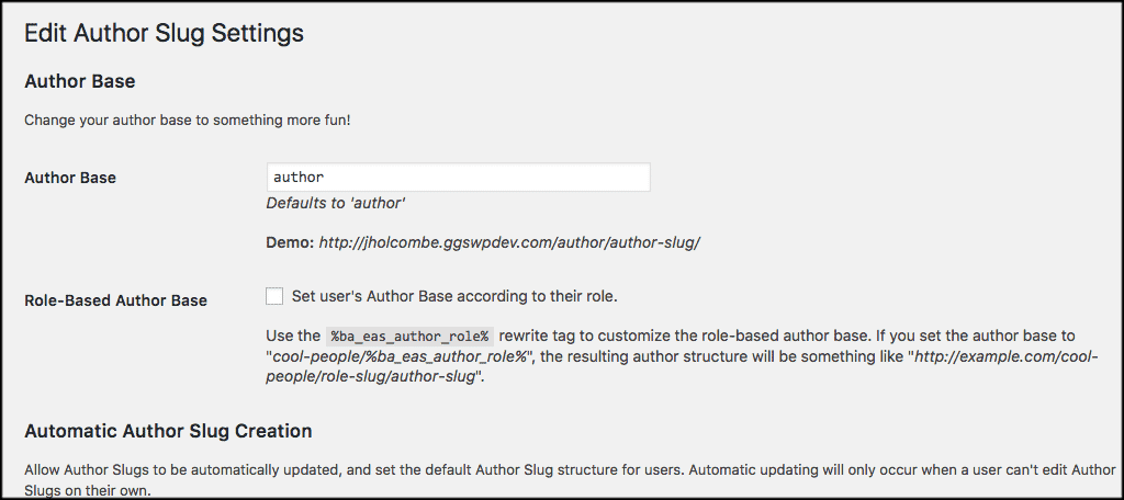 Edit author slug settings page