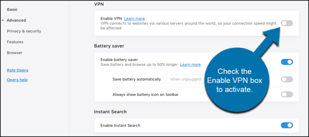 Check the enable vpn box to activate vpn