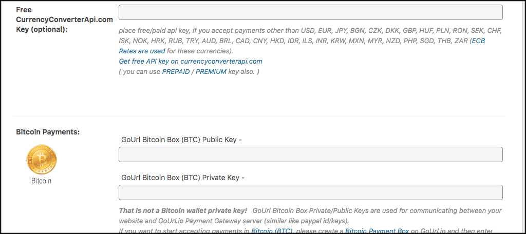 Add public and private keys to bitcoin for wordpress payment box