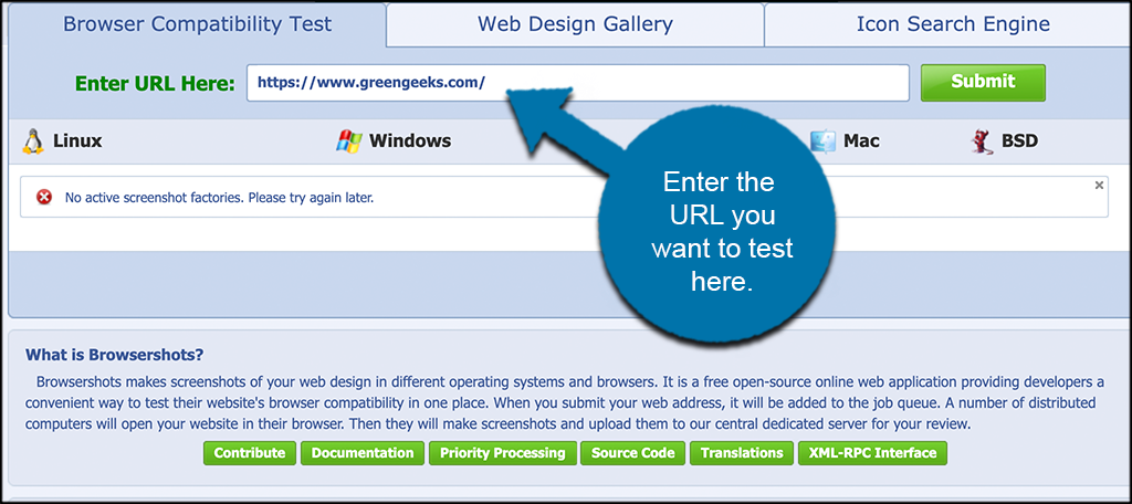 Enter test site URL in the field