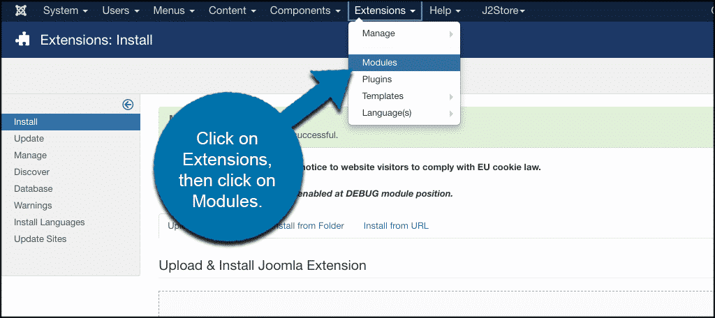 Click on extensions then on modules