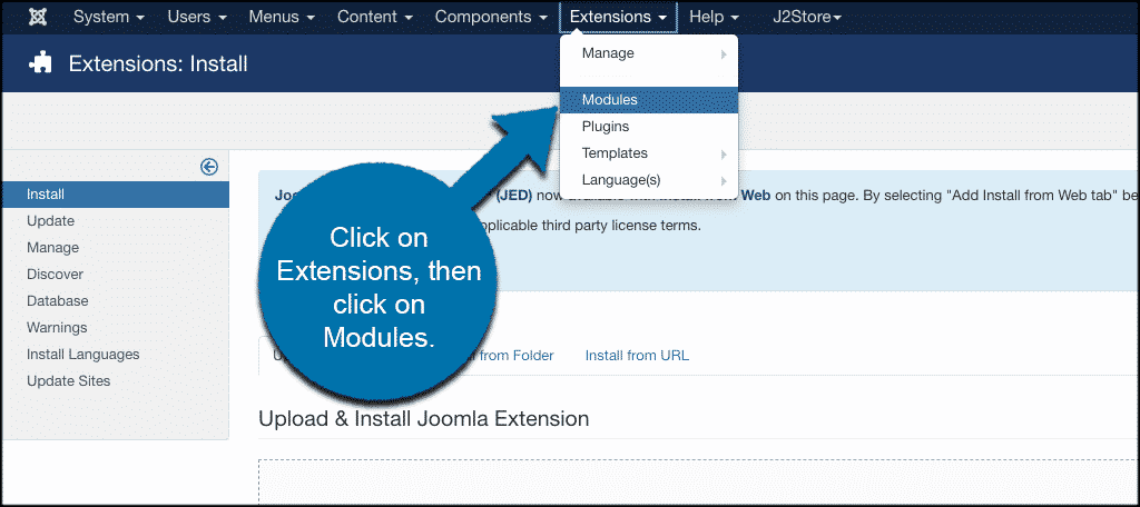 Click on extensions then click on modules