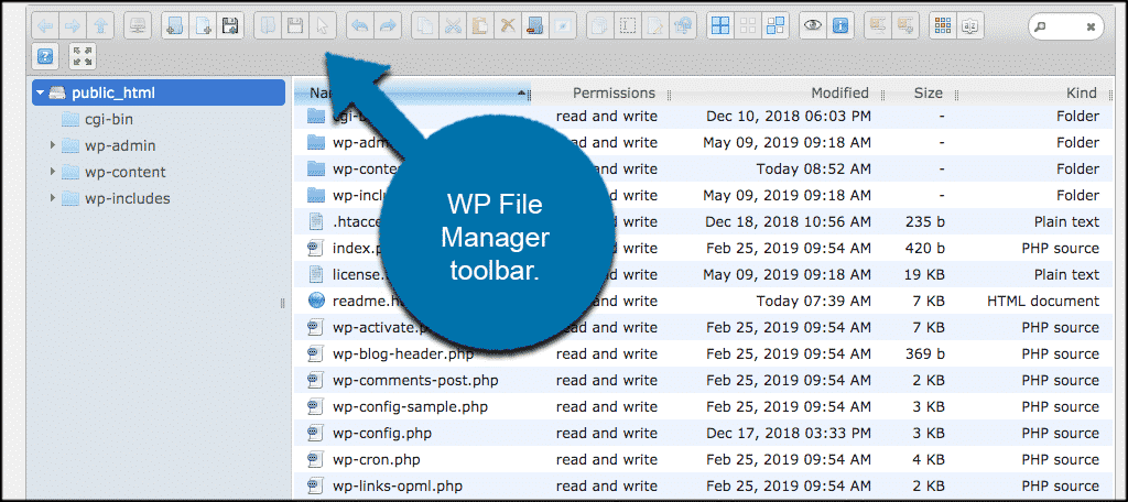 WP file manager toolbar