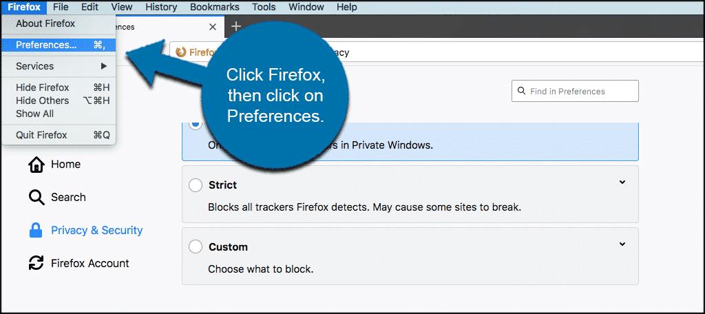 Click firefox and then click on preferences is the dropdown menu