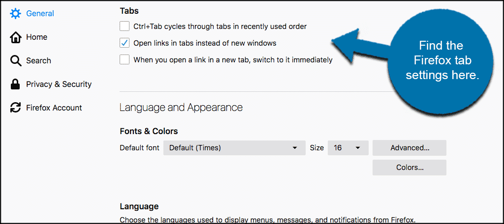 The firefox tab settings are here