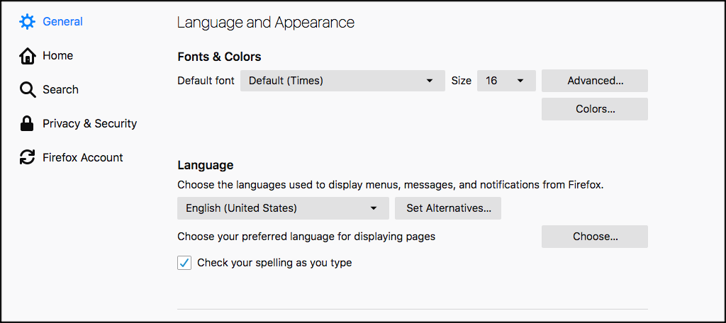 Scroll down to the fonts and language area of firefox settings