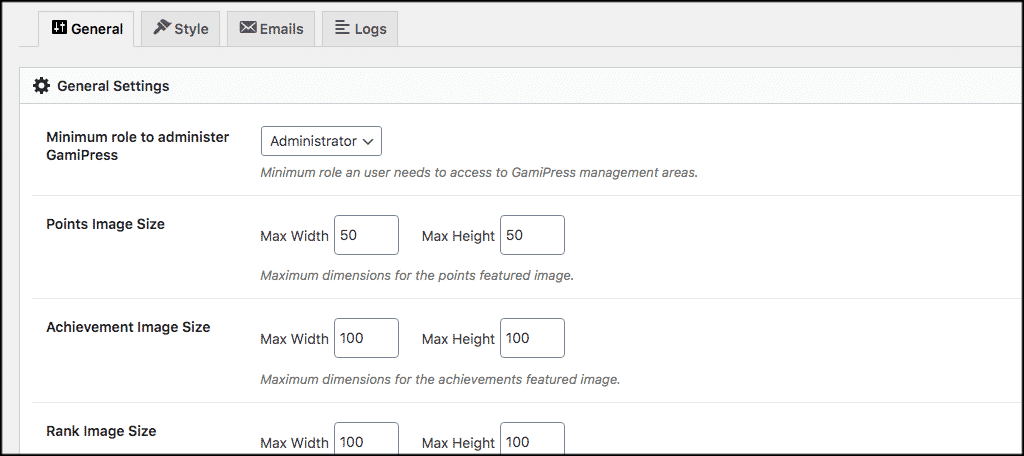 Gamify wordpress general settings