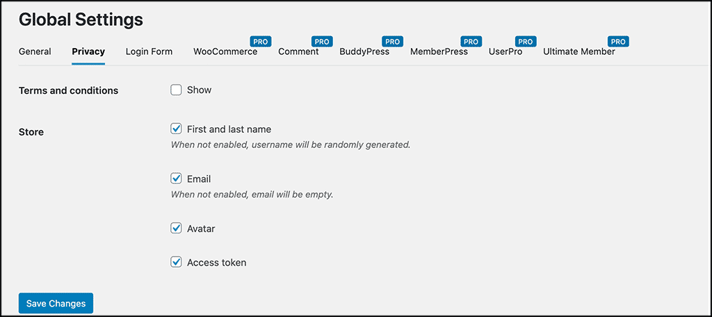 Global privacy settings for nextend