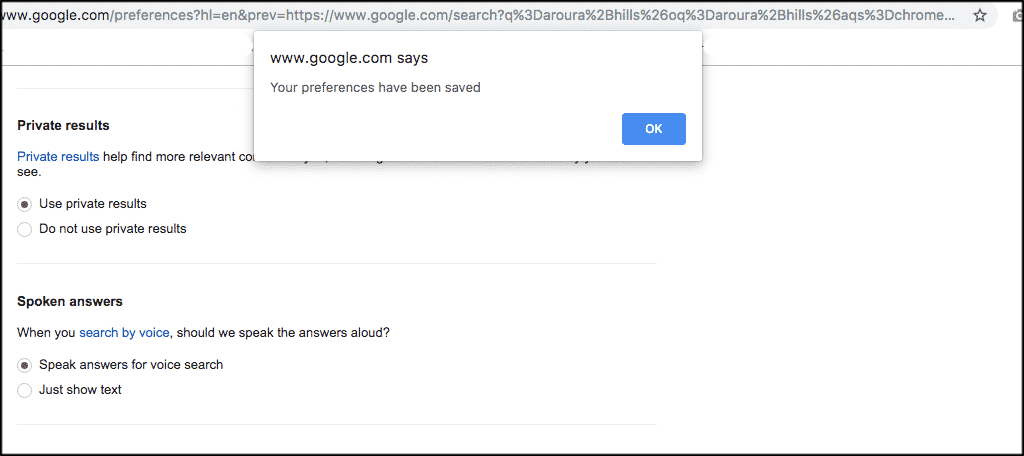 Google save confirmation popup box