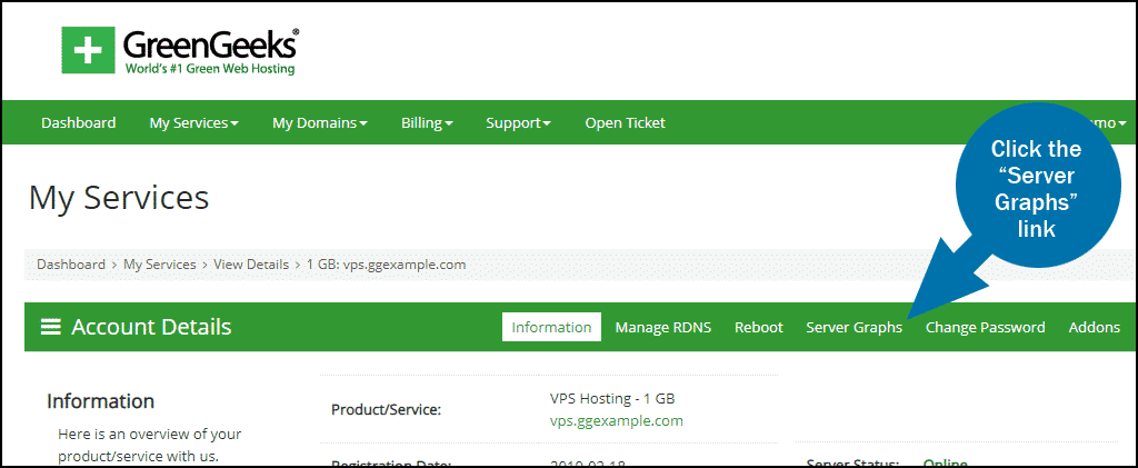 GreenGeeks dashboard VPS bandwidth step 1