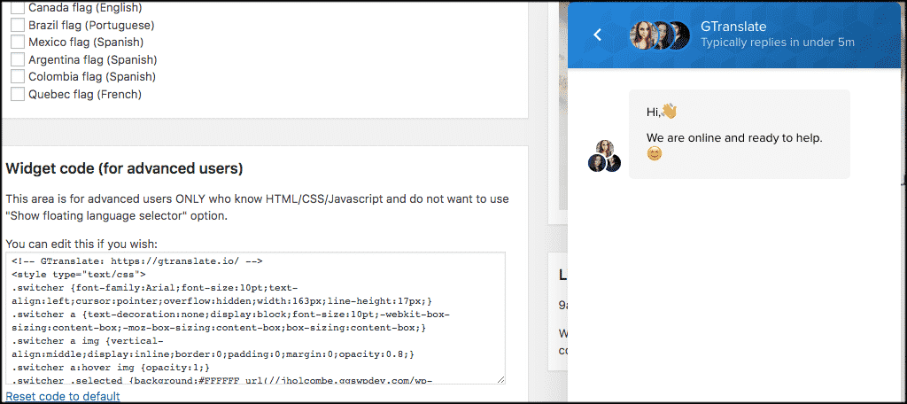 Wordpress translation live chat options