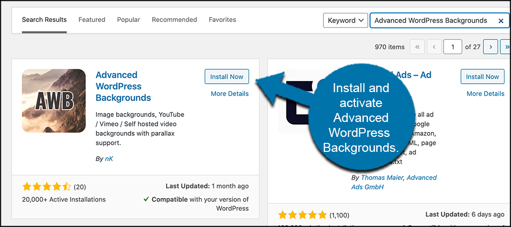 INstall and activate advanced wordpress backgrounds