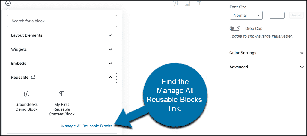 Find the manage all reusable blocks link