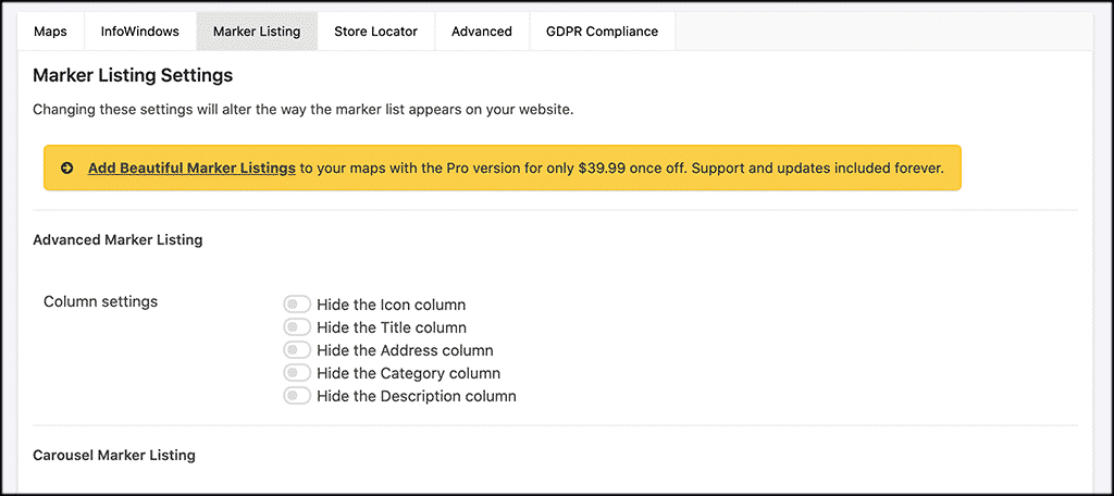 Marker listing tab for WP google maps