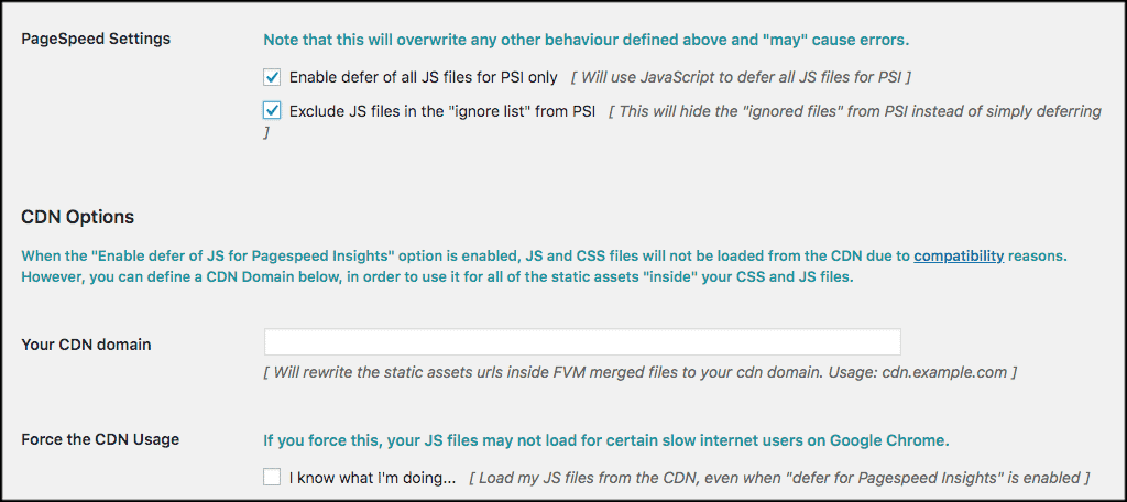 Page speed options for minify javascript and css plugin