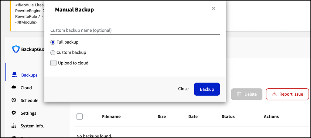 Popup box select full backup