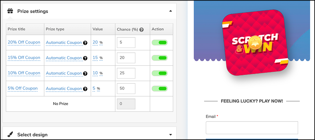 Prize settings