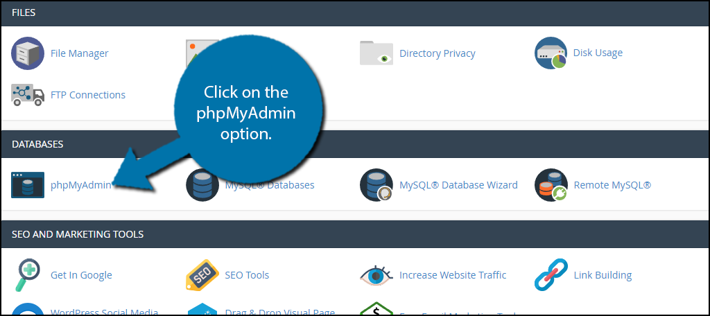 Click on the phpMyAdmin option.