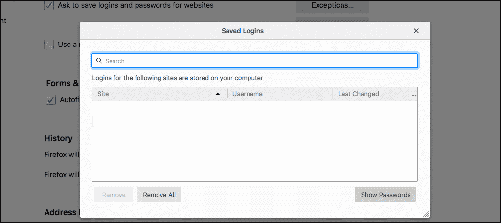 Click on show passwords button to show all saved firefox passwords