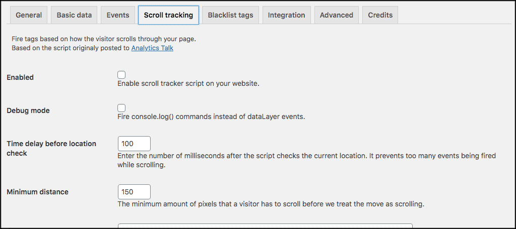 Scroll tracking tab to track categories