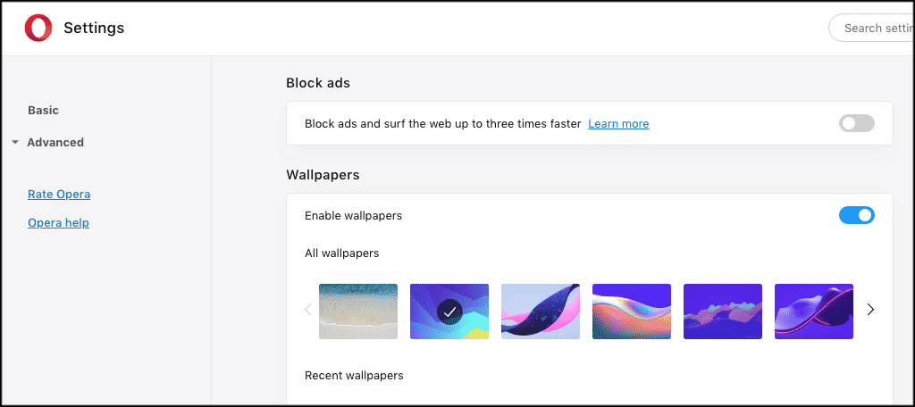 Turn opera ad blocker on or off from here