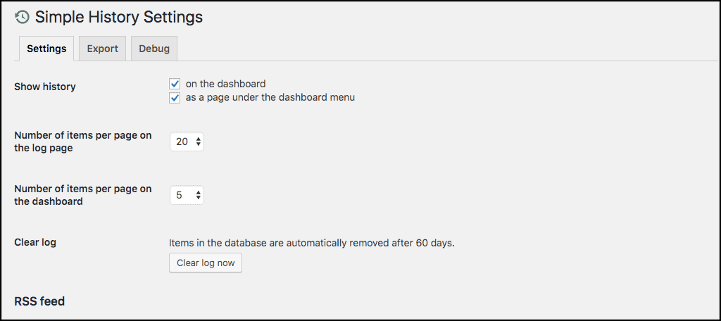 User history in wordpress settings