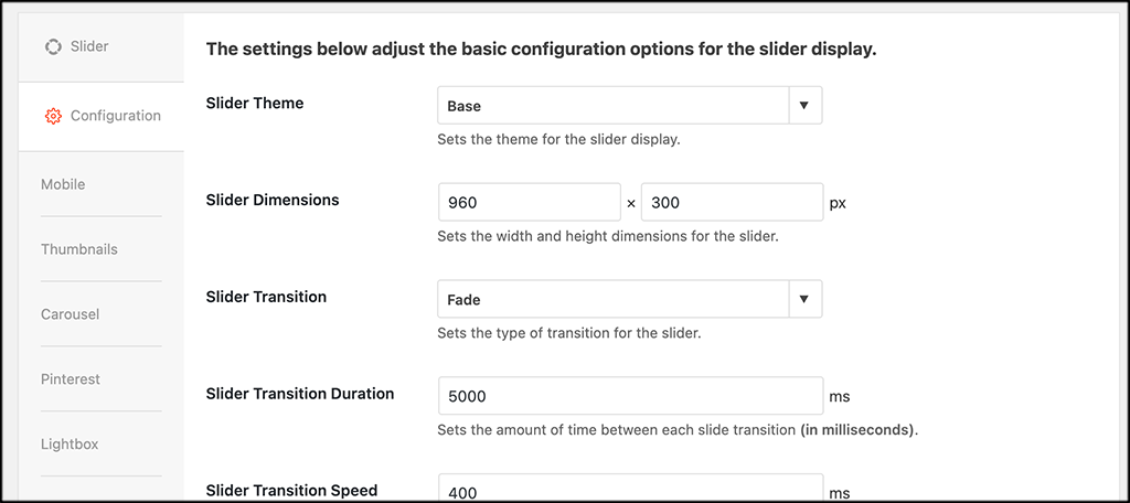 Configure the slider