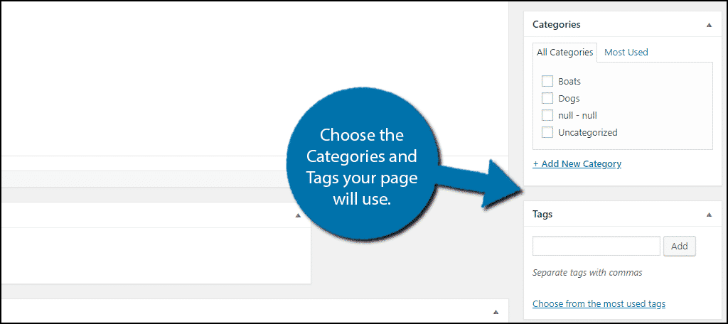 Choose the categories and tags your page will use.