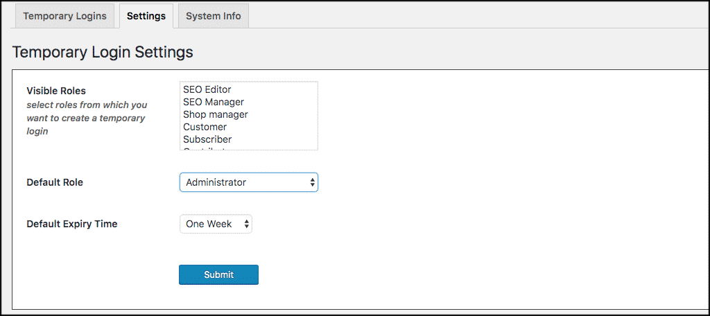 WordPress temporary login settings