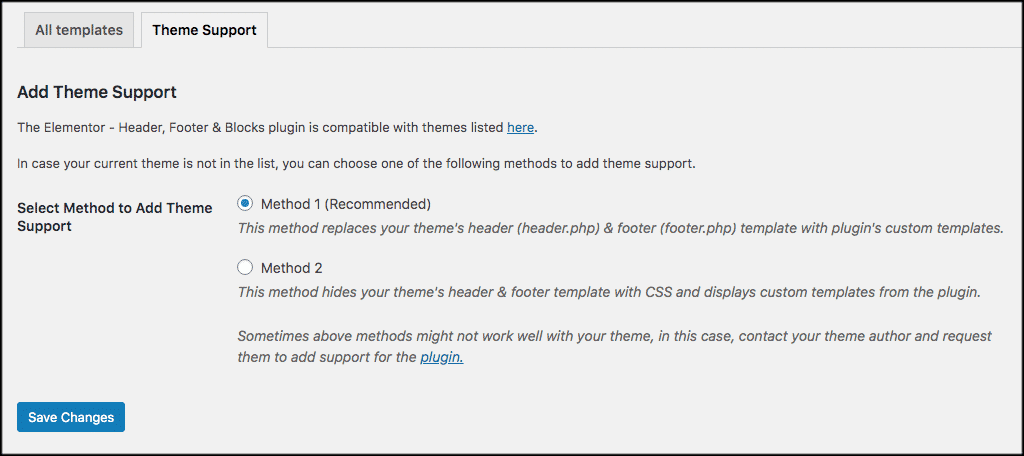 Theme support tab for edit headers and footers