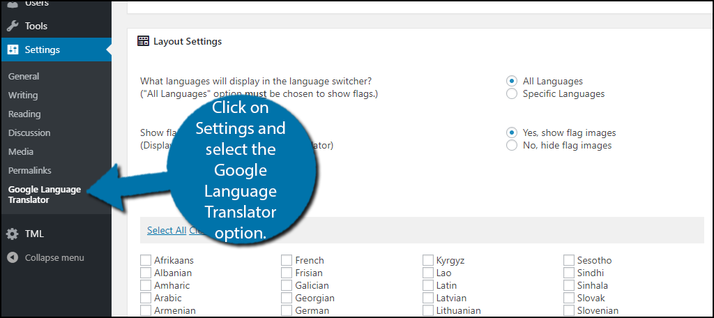  click on Settings and select the Google Language Translator option.