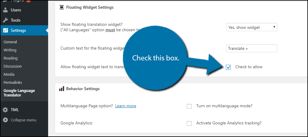 Check the box to allow it to translate.