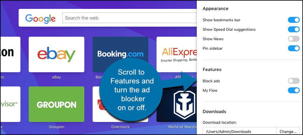 Scroll to features and turn ad blocker on or off 