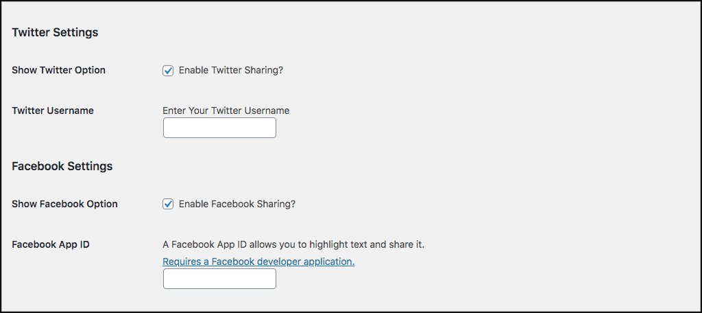 Twitter and facebook settings