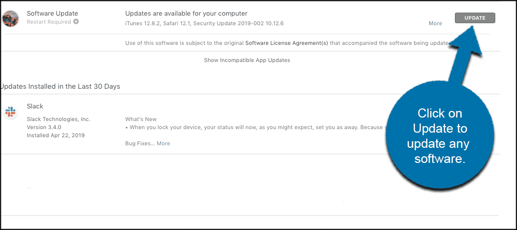 Click the update button to update any software programs