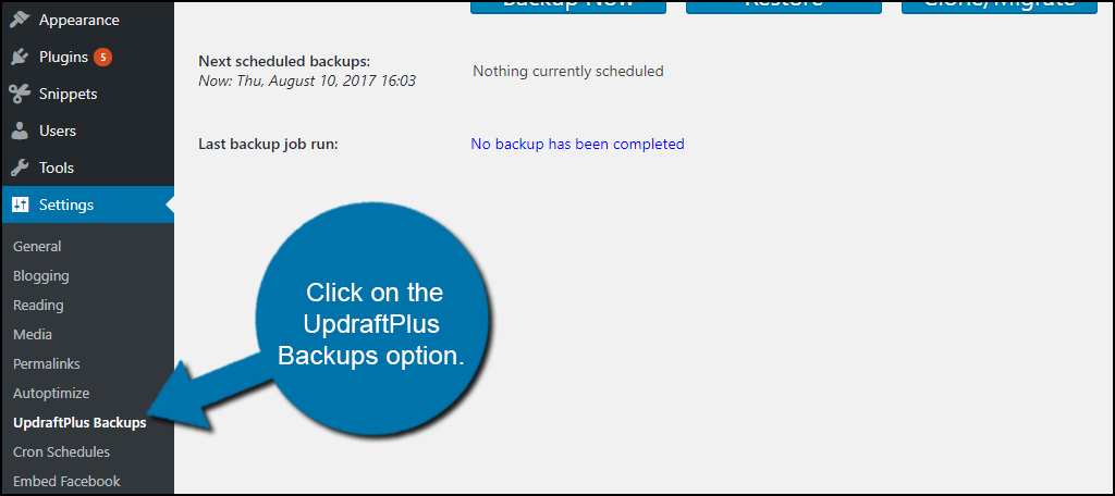 click on the UpdraftPlus Backups option. 