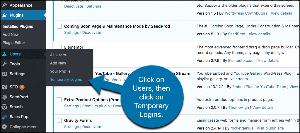 Click users then temporary logins