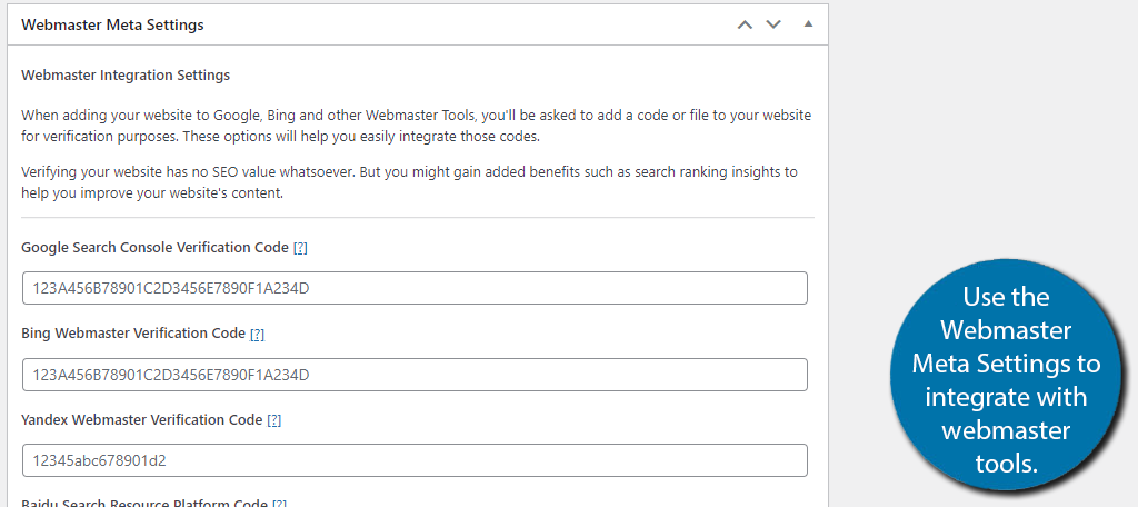 Webmaster Meta settings